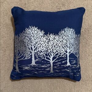 Blue Pillow with Silver Tree Design